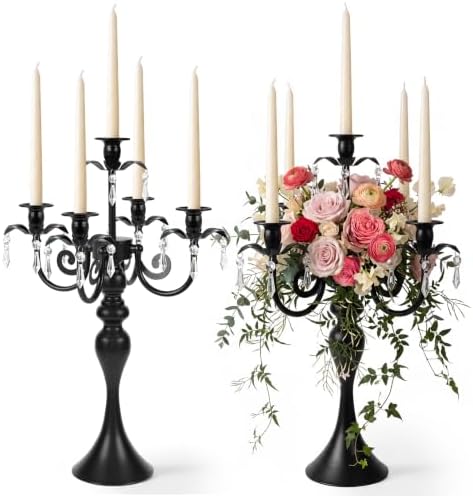 20''Tall Black Crystal Pendant Taper Candle Holders/Stylish Candle Stands/Candlesticks Holder/Candelabra for Home Decor, Weddings/Parties/Elegant Dining Table Centerpiece (2, Black) by KOLNLALA