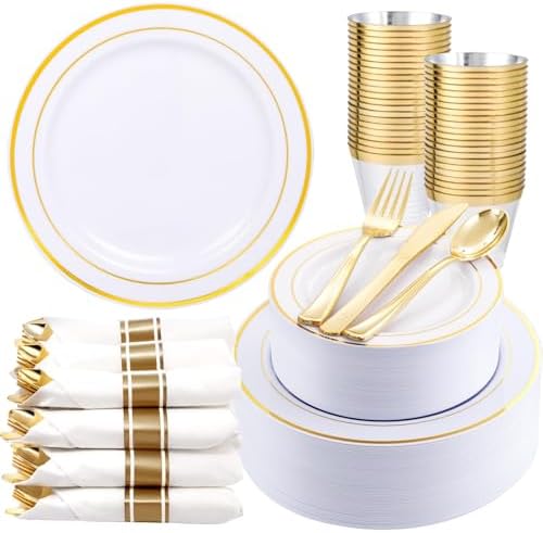 WDF Partyware 350Piece Gold Dinnerware Set for 50 Guests - Gold Plastic Plates with Disposable Cutlery - 50Dinner Plates-50Dessert Plates-50Pre Rolled Napkins with Silverware for Wedding/Thanksgiving by WDF