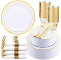 WDF Partyware 350Piece Gold Dinnerware Set for 50 Guests - Gold Plastic Plates with Disposable Cutlery - 50Dinner Plates-50Dessert Plates-50Pre Rolled Napkins with Silverware for Wedding/Thanksgiving by WDF