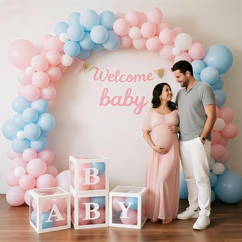 Ledido Baby Boxes with Letters for Baby Shower Decorations with 38 Balloons, 4 pcs Clear Balloon Boxes Blocks for Boys Girls Gender Reveal Decorations Birthday Backdrop Party (White) - Image 5