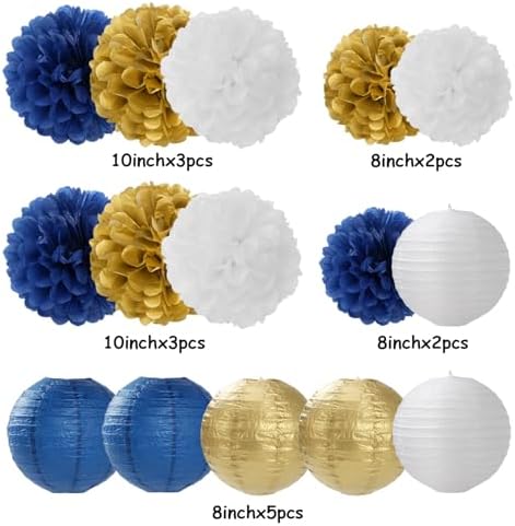 Navy-Blue Gold Party-Decorations Paper-Flowers Lanterns - 15PCS Royal White Baby Bridal Shower Tissue Pom Poms Streamers, Bachelorette Birthday Wedding Graduation Hanging Supplies Decor Hugfond - Image 6
