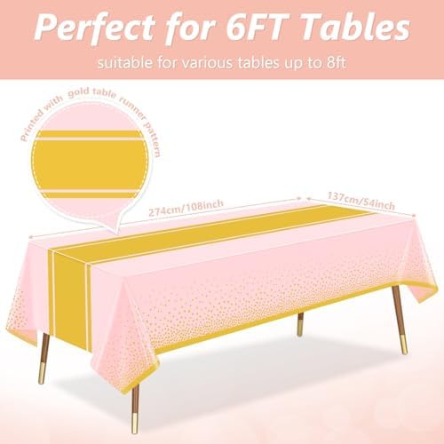 LANLISA Pink and Gold Tablecloth Party Decorations 12 Pack, Disposable Plastic Table Cloths for Baby Shower Birthday Wedding Party Decor - Image 3
