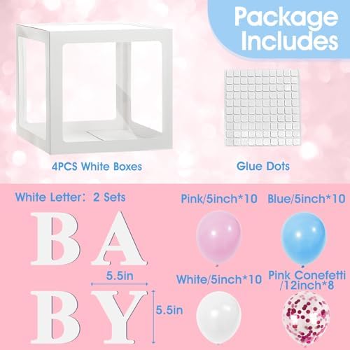 Ledido Baby Boxes with Letters for Baby Shower Decorations with 38 Balloons, 4 pcs Clear Balloon Boxes Blocks for Boys Girls Gender Reveal Decorations Birthday Backdrop Party (White) - Image 2