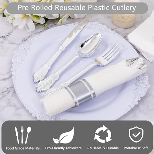50Guests Pre Rolled Silver Plastic Silverware Sets - Heavy Duty Silver Cutlery - Include 50 Pack Wrapped Disposable Utensils with Napkins for Parties & Dinners & Weddings - Image 4