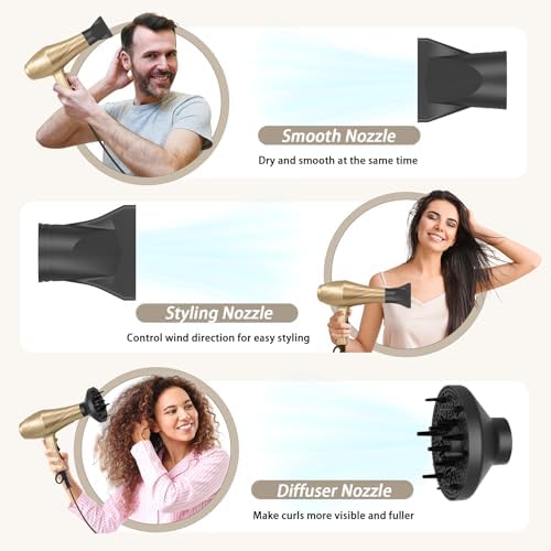 Ionic Hair Dryer,2400W Negative Ion Low Noise Hair Dryer Professional Fast Drying Hair Dryers with 2 Speeds, 3 Heat Settings, Cooling Button,with Diffuser for Curly and Straight Hair（Champagne Gold） - Image 5