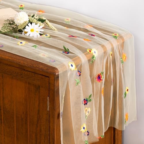 Flower Table Runner Fall Daisy Floral Tulle Cheesecloth Wedding Decor - Image 2