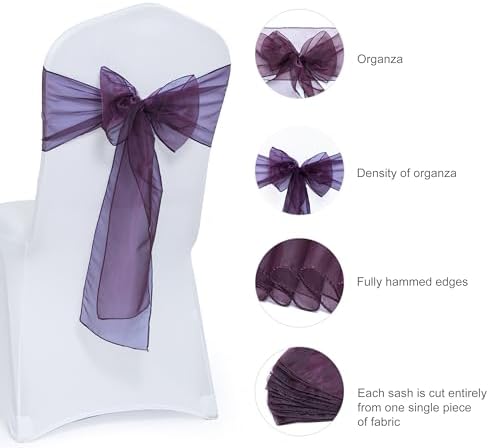 MDS Pack of 250 Organza Chair Sashes for Wedding & Event Décor – Plum - Image 6