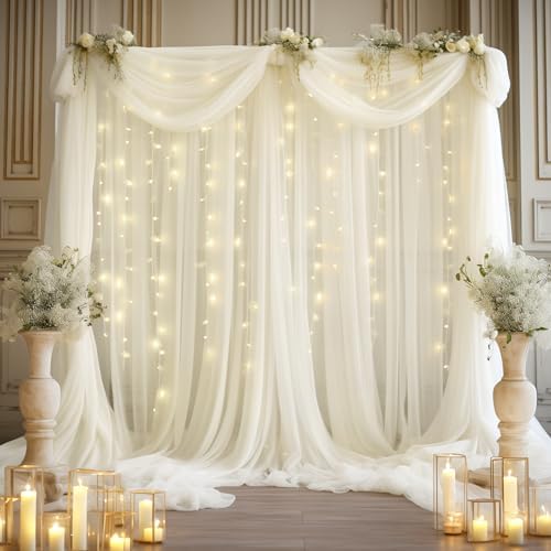 30x8ft Ivory Tulle Backdrop Curtain with Lights String for Parites, Sheer Photo Backdrop Curtains with Lights for Wedding Backdrop Ceremony Reception Bridal Shower Baby Shower Birthday Party - Image 6