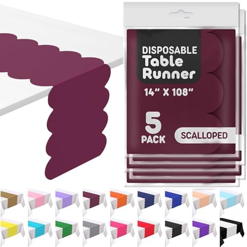 Burgundy Scallop Table Runner, Disposable Plastic, 5 Pack, 14x108in by Swanoo