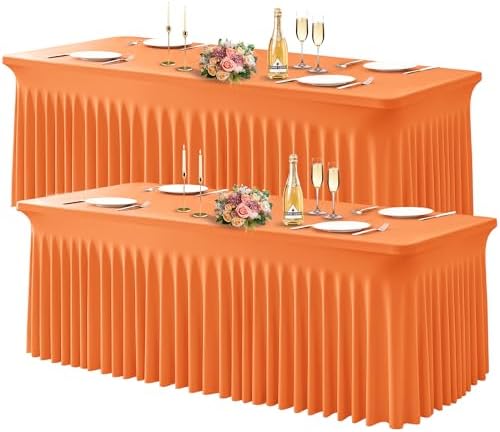 Wish Care 2 Pack Orange Spandex Table Clothes for 8 Foot Rectangle Tables, 8FT Wrinkle Free Fitted Tablecloths Ruffles Design Table Cover for Party, Banquet, Wedding and Events by WishCare