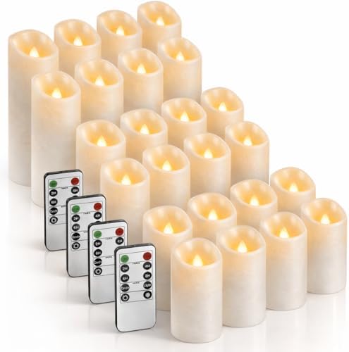 Enido Set of 24 Outdoor LED Candles, Battery Operated Flickering Waterproof Candles with 4 Remote (D2.2'' x H4''5''6'') for Halloween,Wedding,Christmas Decor(White) by outdoorcandleswithremote