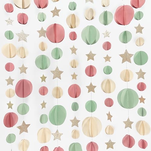 Champagne Gold Sage Green Dusty Rose Pink Beige 3D Polka Dot Star Hanging Streamer Circle Dot Star Banner Garland for Girl Wild Safari Jungle Woodland Birthday Party Decorations Supplies by pinkblume