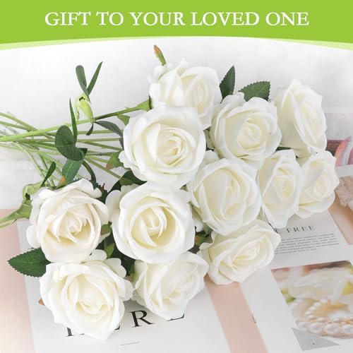 Hananona 100 Pcs Artificial Roses, Realistic Silk Flowers Bulk, White - Image 6