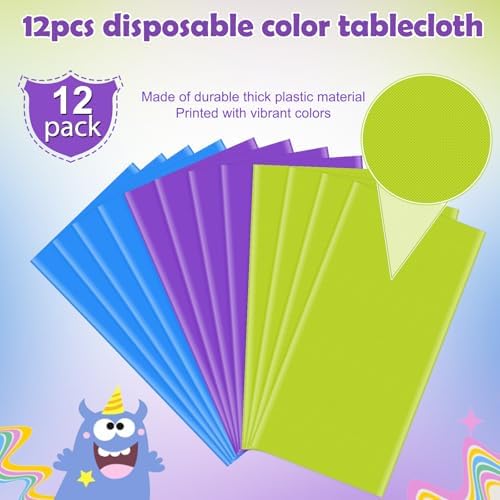 12 Pack Monster Plastic Tablecloth for Rectangle Tables, Blue Green Purple Disposable Table Cover, Rectangle Table Cloth for Birthday Monster University Party Supplies Decorations, 54 x 108 Inch - Image 3