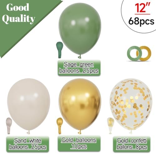 68Pcs Balloons Kit 12 Inch, Sage Green Balloon Sand White Metallic Gold Balloon Confetti with Ribbons, Party Balloons for Baby Bridal Shower Wedding Birthday Decorations. - Image 2