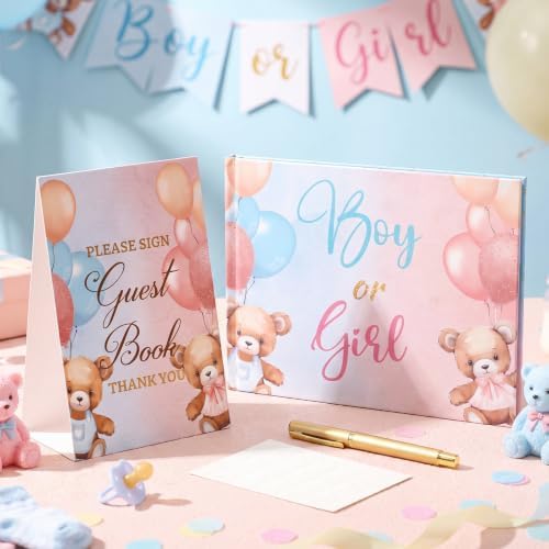 Fuyoooo 27 Pcs Gender Reveal Guest Book Set Blue Pink Bear with Gold Pen - Image 2