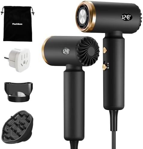 Travel Hair Dryer, Dual Voltage Blow Dryer with Diffuser, Rubber Black by Flashbase