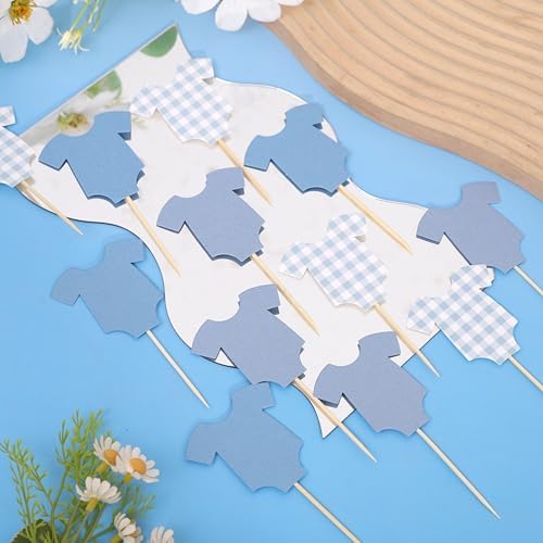 Blue Gingham Baby Shower Bodysuit Cupcake Topper,Blue Gingham Cake Topper - Image 7