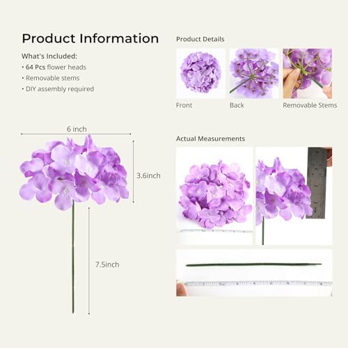 Auihiay 64Pcs Hydrangea Artificial Flowers, Purple Artificial Hydrangeas - Image 3