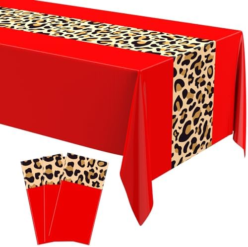 Buryeah 3 Pcs 54 x 108'' Plastic Disposable Leopard Tablecloth, Red by Buryeah
