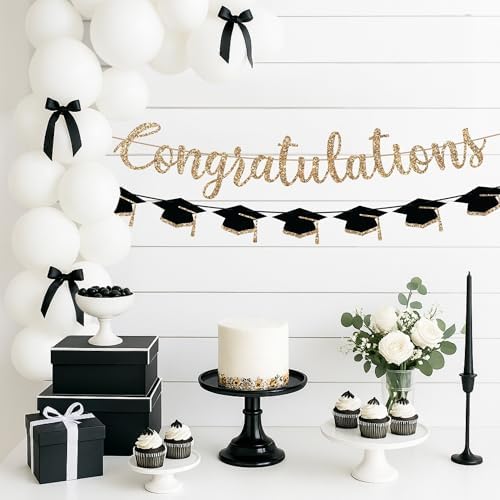 Pre-Strung Congratulations Banner, Gold Glitter Grad Caps Graduation Banner - Image 7