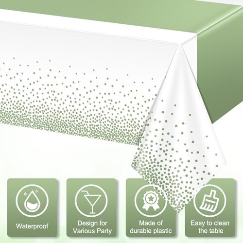 6Pcs White and Sage Green Tablecloth Decorations,Plastic White Table Cloth Printed Green Table Runner Disposable Rectangle Table Cover for Birthday Wedding Anniversary Graduation Party,54 x108 Inch - Image 3