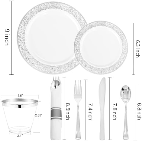 WELLIFE 175Pcs Silver Dinnerware Sets, Include:25 Dinner Plates, 25 Dessert Plates, 25 Paper Napkins, 25 Cups, 75 Silver Silverware Set for Party and Weddings - Image 5