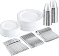bUCLA 150-Piece Silver Disposable Dinnerware Set - White Plastic Plates with Silver Rim - Include 25 Dinner Plates, 25 Dessert Plates, 25 Forks, 25 Knives, 25 Spoons & 25 Cups for Party & Christmas by BUCLA