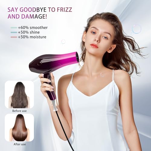 Ionic Hair Dryer,2400W Negative Ion Low Noise Hair Dryer Professional Fast Drying Hair Dryers with 2 Speeds, 3 Heat Settings, Cooling Button,with Diffuser for Curly and Straight Hair（Crimson Fade） - Image 3