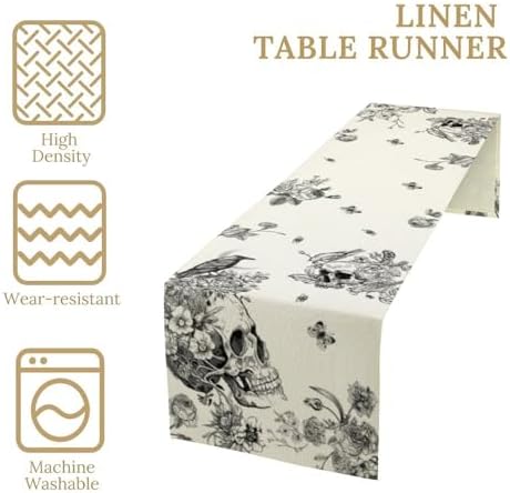 Gothic Skull Crow Flower Table Runner, Black Raven Vintage Bloom Floral Sugar Skull Black Moth Dinner Runner for Farmhouse Halloween Party Holiday Home Kitchen Dining Table Decor 13"x120" - Image 4