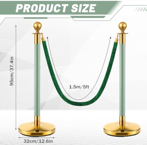 Ferraycle 2 Pcs Stainless Steel Stanchions Post Queue 38 Inch, 5 ft Velvet Carpet Ropes and Pole, Control Barriers for Wedding Birthday Party Decoration Sand Injection Hollow Base Set (Green,Gold) - Image 2