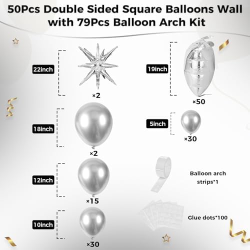 50pcs Metallic Silver Square Foil Balloons Wall Backdrop with 79pcs Metallic Silver Balloon Garland Arch Kit, Double Sided Balloon Tunnel for Anniversary Engagement Birthday Prom Decorations - Image 2