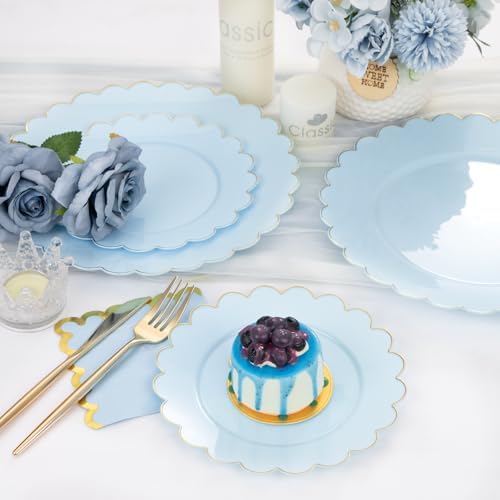 LIYH 210 Pcs Light Blue Plastic Dinnerware Set - Baby Blue Plastic Plates Napkins with Gold Foil Include Bridal Shower Plates Disposable Gold Silverware Napkins Cups for Birthday 30 Guests - Image 5