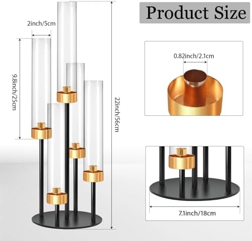 5-Arm Black Metal Table Candelabra Centerpiece, 22" Tall Clear Candlesticks Holder with Shade for Valentines Day Events Party Table Centerpiece,Fit LED Candles (4, Black+Gold, S-22in) - Image 2