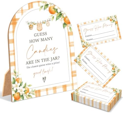 A Little Cutie Baby Shower Games, Orange Guess How Many Candies Are In The Jar, 6x8 Inch Arch Wooden Sign With Stand And 50 Guessing Cards, Gender Reveal Party Supplies & Decorations - JC09 by Unknown