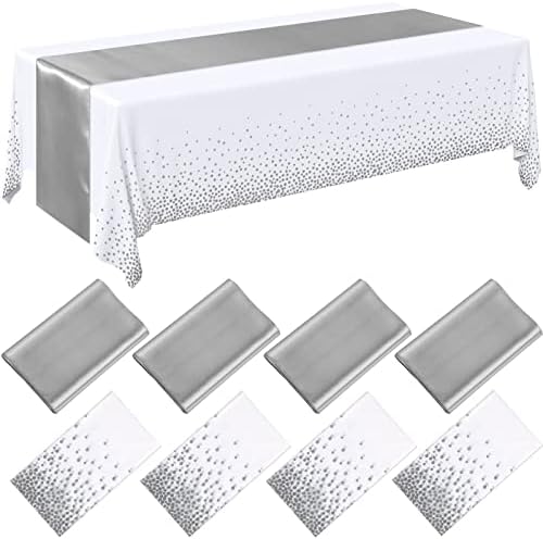 Breling 24 Pack White and Silver Disposable Tablecloth and Table Runner Set by Breling