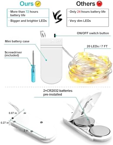 20 Pack Fairy Lights Battery Operated 7ft 20 LED Mini String Lights Twinkle Lights Silver Wire Firefly Starry Lights for Mason Jars Wedding Party Christmas Centerpiece Table Decorations, Warm White - Image 2