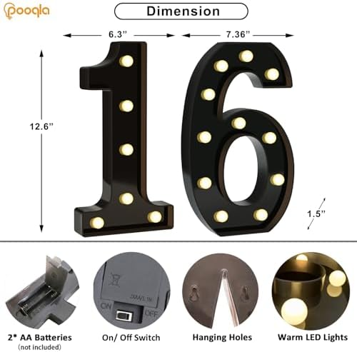 Pooqla 16th Birthday Decorations for Boys, Large Black Light Up Numbers - Image 4
