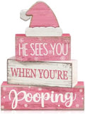 Moucuny 4 Pcs Funny Christmas Bathroom Decor Pink Santa Hat Wooden Signs by Moucuny