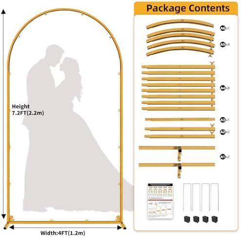 7.2 FT Wedding Arch Backdrop Stand, Gold Metal Arch Backdrop Stand for Wedding Party Ceremony Birthday Bridal Baby Shower Photo Booth Garden Floral Balloon Arches Decoration - Image 2