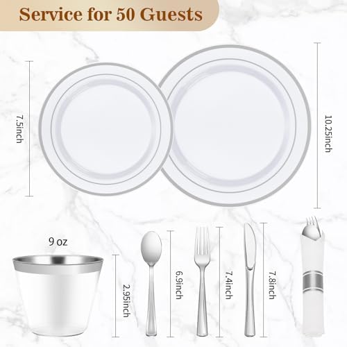 BESTVIP 350 Piece Silver Plastic Dinnerware Set for 50 Guests - Image 4