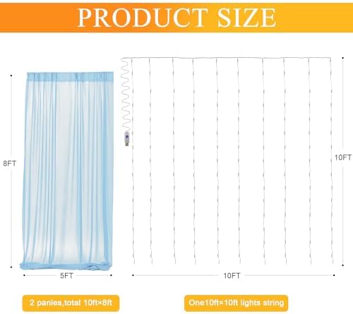 Tulle Backdrop Curtain with Lights Baby Blue 10x8ft Sheer Curtain Backdrop - Image 2