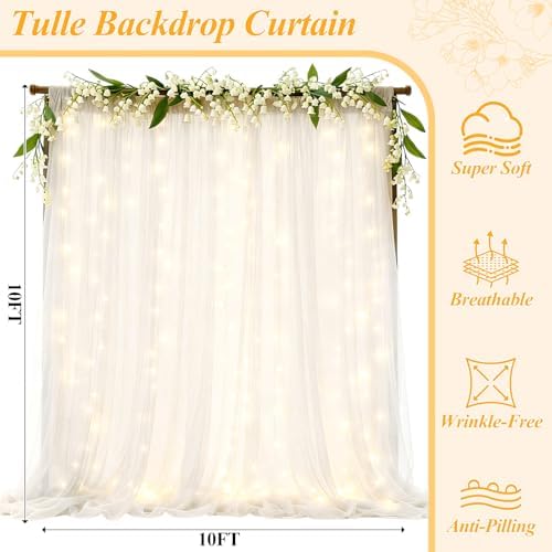 Ledido 10×10ft White Tulle Backdrop Curtain with Light(4 Panels 5×10ft) - Image 2