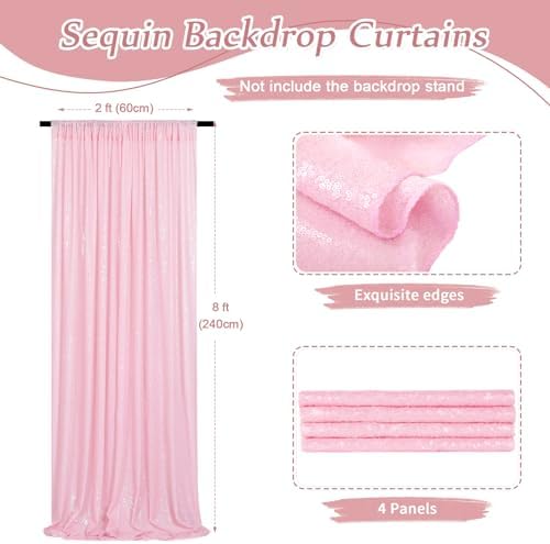 Pink Sequin Backdrop Curtains-4 Panels 2FTx8FT Pink Backdrop for Valentines Day, Glitter Party Decorations Background Drapes for Wedding Birthday Anniversary Graduation Photo Booth Decor - Image 3