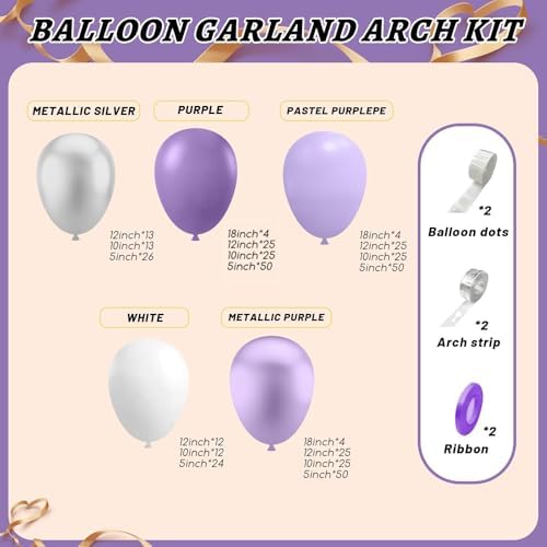 412Pcs Purple Balloon Garland Arch Kit,18 12 10 5 Inch Different Size Lavender Latex Metallic Silver Balloons for Butterfly Birthday Girls Women Wedding Birthday Baby Shower Party Decorations - Image 2