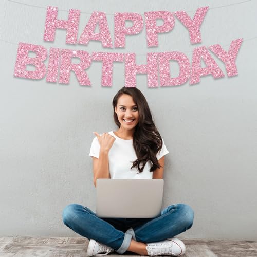 BEISHIDA Pre-Strung Glitter Pink Happy Birthday Banner Party Sign Decor - Image 4