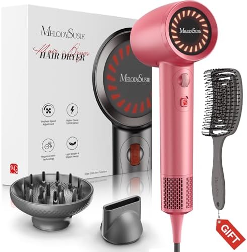 MelodySusie Hair Dryer with Diffuser, 1600W Fast Drying Low Noise Ionic Hair Dryer for Curly Hair with Diffuser,Nozzle and Hair Brush,120,000 RPM Blow Dryer Ideal for Women by MelodySusie