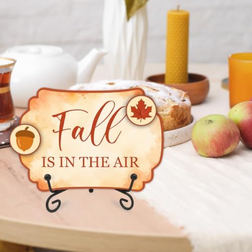 Fall Table Sign 5x7 Inch Seasonal Autumn Decor, Rustic Party Centerpiece with Metal Stand & 2 DIY Stickable Wood Decor, Fall Is In The Air Table Decoration for Home & Party Display - B03 - Image 5