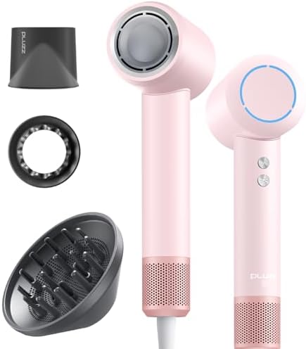 Hair Dryer with Diffuser for Curly Hair, 270M Negative Ionic Blow Dryer, 110,000 RPM High-Speed Brushless Motor for Fast Drying, Low Noise Lightweight, Portable Travel-Friendly (Pink) by PLUZZ