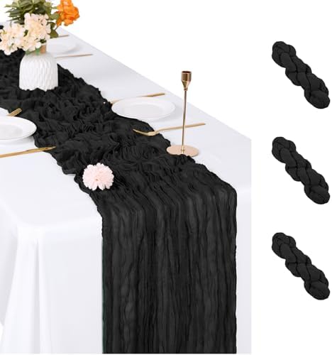 3 Pack Black Cheesecloth Table Runner, 17 x 108 inch, Semi Sheer Boho Cheese Cloth Fabric Table Runner Bulk for Wedding, Birthday, Party, Holiday, Home Decor (Black) by ACSUIT